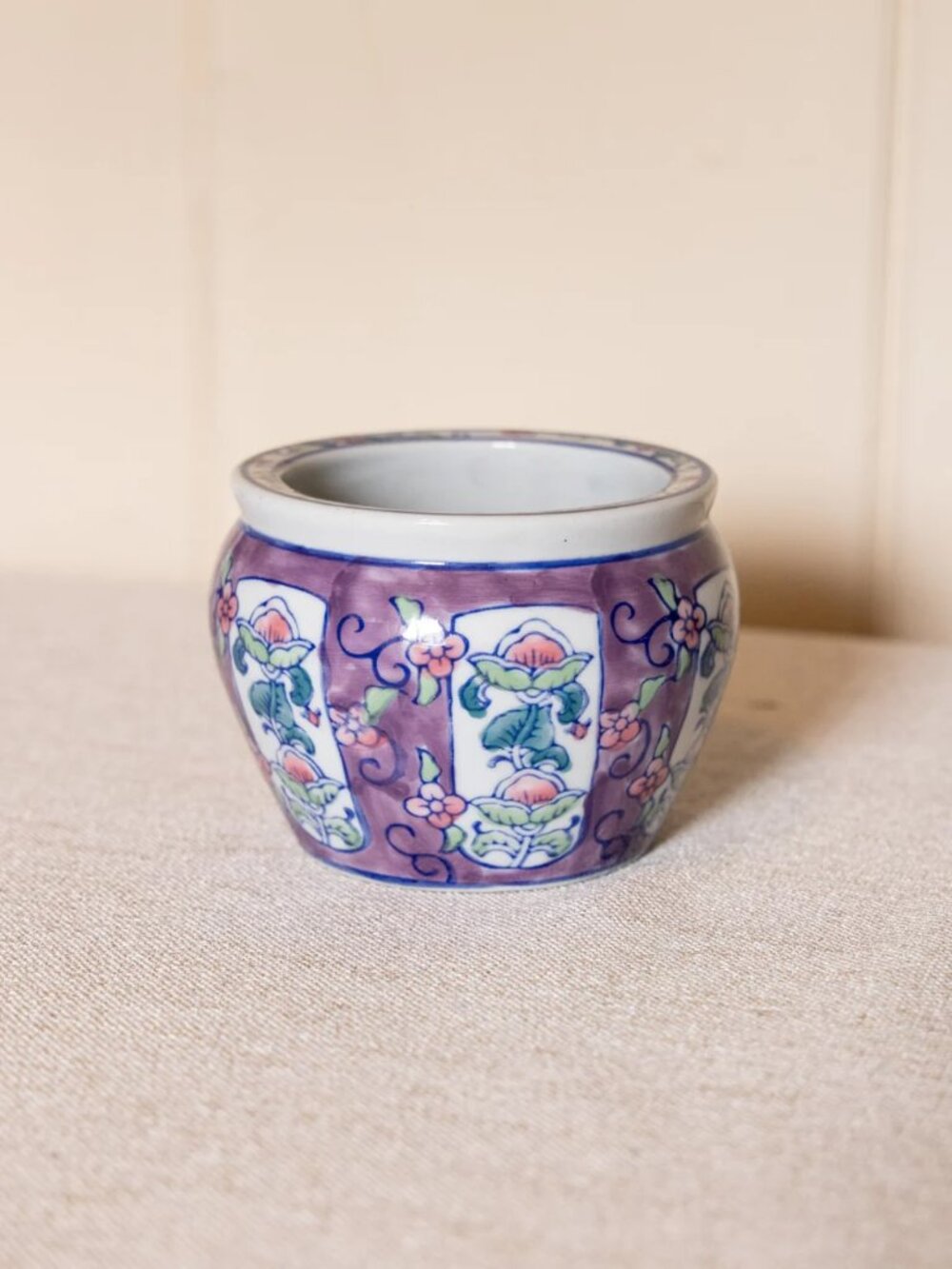 Small Purple Ceramic Flower Pot Planter w Floral Details Cachepot Grandmillenial